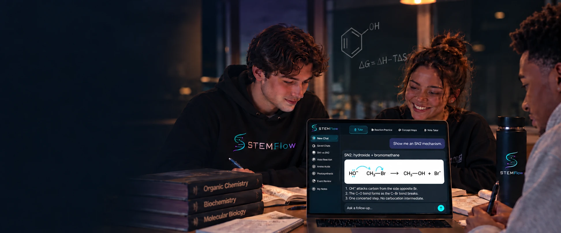 Students studying together with STEMFlow. A laptop shows a tutor explaining an SN2 reaction.