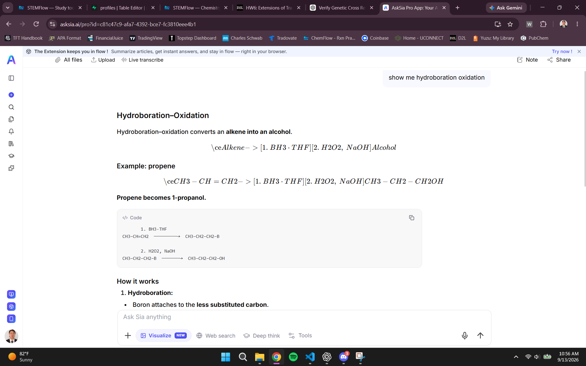 Captured AI tutor response to the hydroboration oxidation prompt, with unrendered chemistry notation and a text-based reaction example.