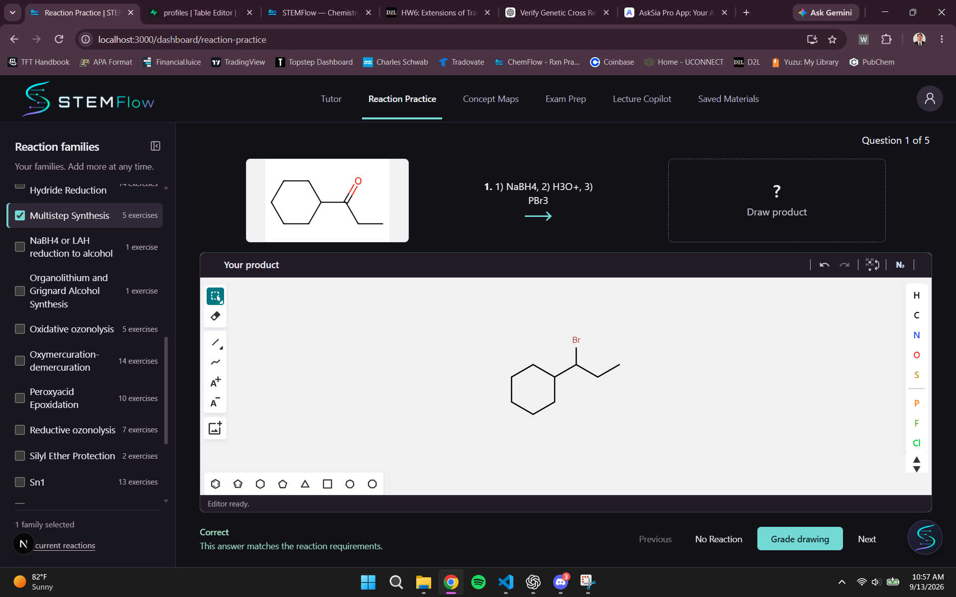 Reaction Practice shows a multistep synthesis question, a student-drawn product, and correct-answer feedback.
