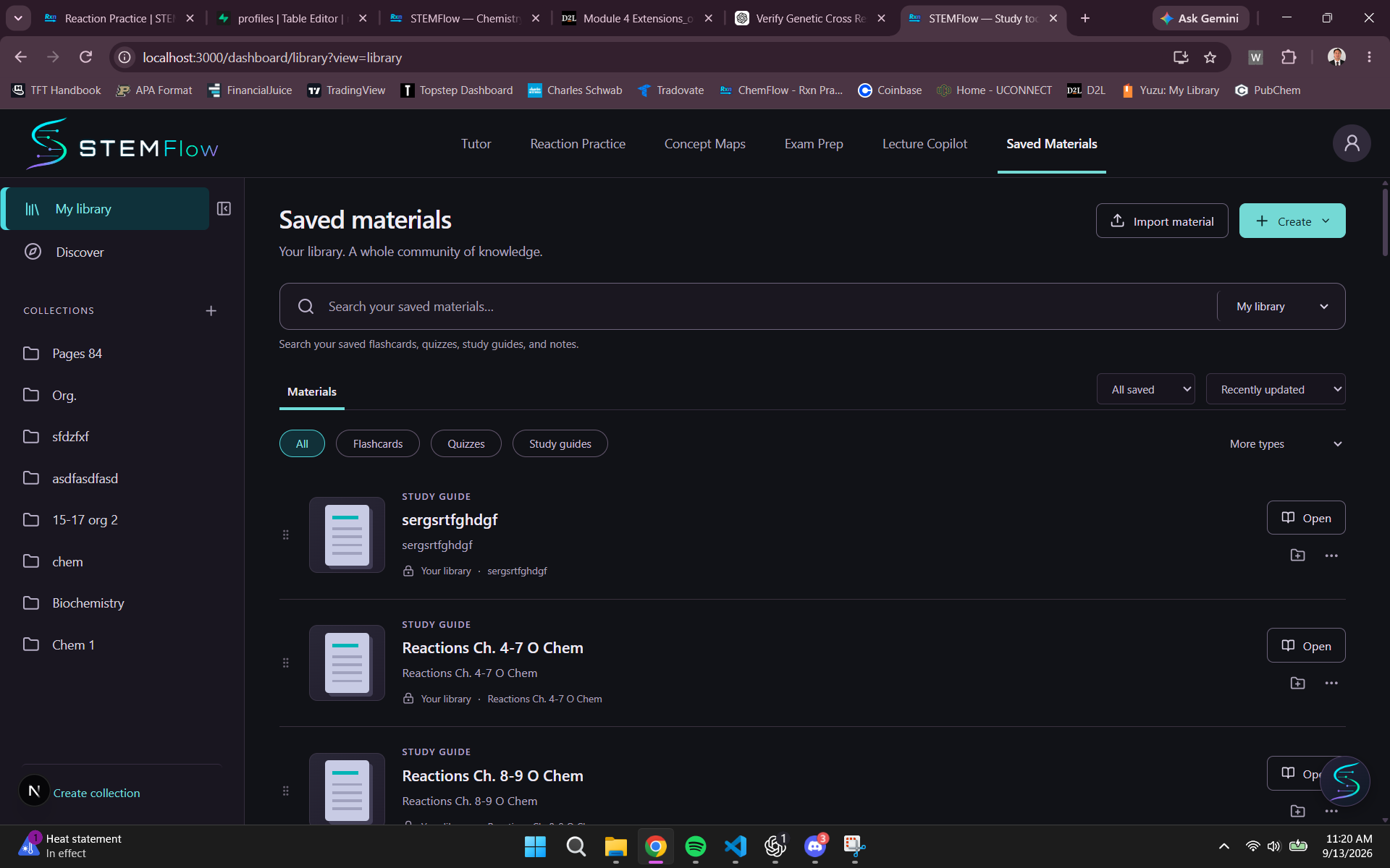 Saved Materials with collections in the sidebar, a library search field, flashcard and quiz filters, and saved study guides.