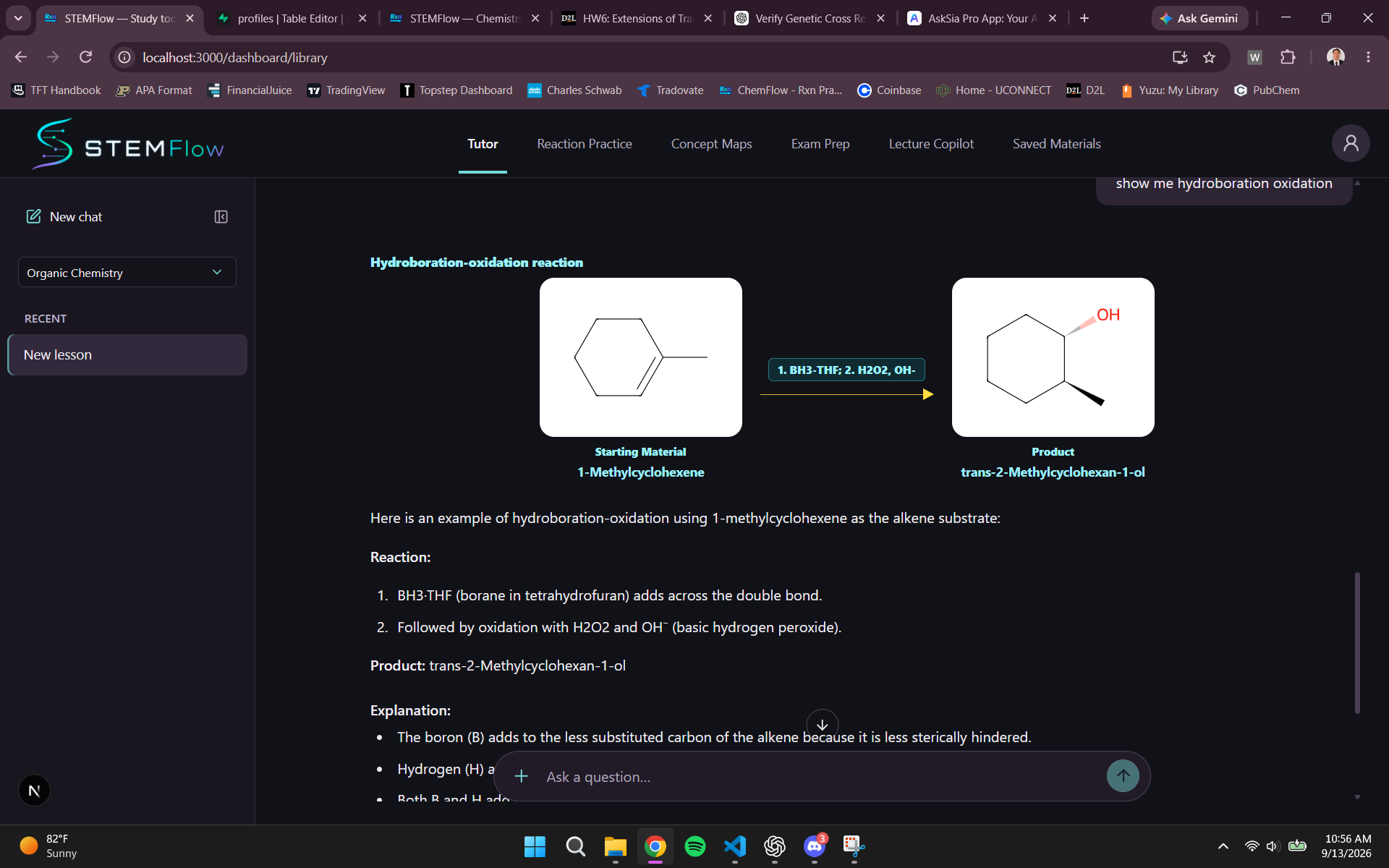 STEMFlow Tutor explains hydroboration oxidation with a starting structure, reagents, and the product with stereochemistry.